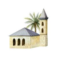 alt Arabisch Häuser mit Palme Baum Aquarell Illustration. orientalisch Beige Turm und heim. Mittelmeer die Architektur vektor