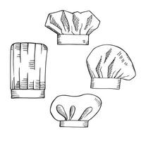 Koch Hut skizzieren Hand gezeichnet Vektor Illustration. Linie Kunst Gekritzel mit anders Typen von Köche Hüte zum Design, Logo, Etikett, Karte, drucken, Symbol, Papier. Symbol zum Kochen, Restaurant, Uniform, Kitchener