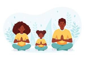 afroamerikansk familj som gör yoga. familjen tillbringar tid tillsammans. vektor