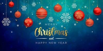 glad jul och Lycklig ny år abstrakt blå grön bakgrund, xmas träd snöflinga stjärnor och boll, hälsning kort, Semester dekoration geometrisk mönster, trogen digital tech illustration vektor