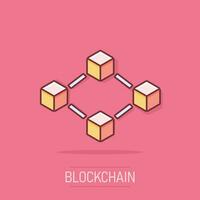 Vektor-Cartoon-Blockchain-Technologie-Symbol im Comic-Stil. Kryptografie-Würfelblock-Konzeptillustrations-Piktogramm. Blockchain-Algorithmus Business-Splash-Effekt-Konzept. vektor