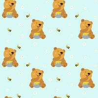 süß Teddy Bär mit Honig, Biene und Blumen. komisch nahtlos Muster vektor