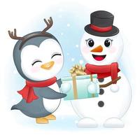 söt pingvin och snögubbe med presentförpackning, jul vektor