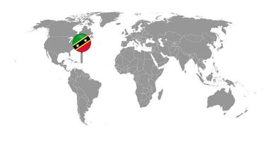 nålkarta med saint kitts och nevis flagga på världskartan. vektor illustration.