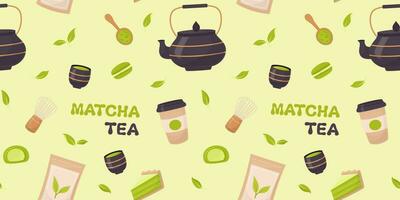 Matcha Tee nahtlos Muster. Tee Matcha Pulver, Teekanne, Tee Blätter, Schneebesen, Löffel, traditionell Tasse und Matcha Dessert eben Stil Hintergrund. Werkzeuge zum japanisch Matcha Tee Zeremonie. vektor