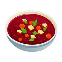 nationell ukrainska maträtt borscht i en tallrik. röd tomat soppa med potatisar, kött, kryddor, morötter, beta, persilja. symbol av ukraina. varm lunch. vektor illustration.