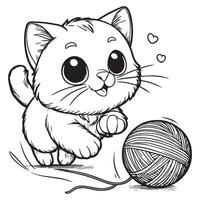 spielerisch Katze jagen ein Garn Ball mit ein boshaft Ausdruck zum das Färbung Buch Seite vektor