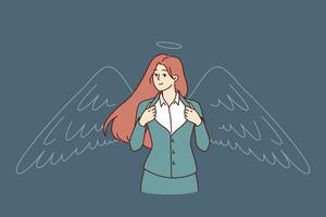 Geschäft Frau mit Engel Flügel aufknöpft Jacke auf Truhe demonstrieren Führung Qualitäten vektor