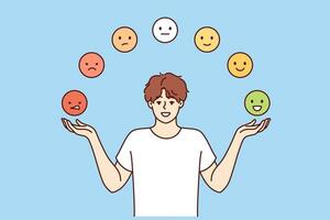 Mann versuchen zu pflegen emotional Balance durch Jonglieren Emoticons mit positiv und Negativ Emotionen vektor