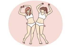 schlank Frauen im Badeanzüge stoßen Hüften jubeln beim Ergebnis von verlieren Gewicht nach Diät. Vektor Bild