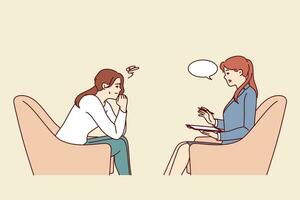 Frau berät Psychologe zu erhalten loswerden von mental Probleme, sitzt im Stuhl Gegenteil Psychotherapeut vektor