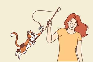 kvinna spelar med katt och vågor rosett på sträng, känsla nöje tack till närvaro av sällskapsdjur vektor