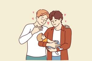Gay par innehar barn i händer och ler, fröjd på närvaro lag ger rätt till anta barn vektor