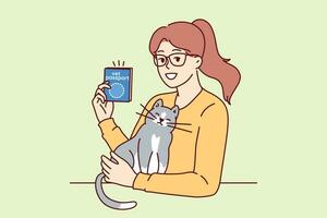 Frau mit Tierarzt Reisepass Schlaganfälle Katze demonstrieren Veterinär dokumentieren Das erlaubt zu Reise mit Haustier vektor