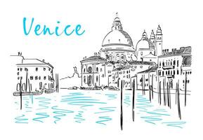 Silhouette von das Horizont und die Architektur von Venedig mit ein Gondel auf das Wasser. Vektor Hand gezeichnet Illustration