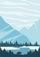 gefroren Berge See Landschaft Illustration Poster. Wald mit Tierwelt Tiere, Bär Silhouette vektor