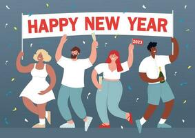 horisontell baner av Lycklig ny år med annorlunda människor. människor ha roligt och dryck champagne. modern vektor platt illustration.
