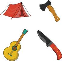 Camping Ausrüstung Symbol Sammlung. Karikatur Design Stil. Vektor Illustration.