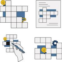 einstellen von Kreuzworträtsel Puzzle Tag. mit Stift, Lampe, und Hand. isoliert Vektor Illustration.