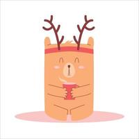 Weihnachtsgrußpostkarte mit süßem Bären im Rentierstirnband mit Tasse Tee vektor