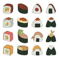 handgezeichnetes Sushi und Onigiri. Gerichte der traditionellen japanischen Küche. Asiatisches Essen-Clipart-Set vektor