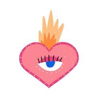 schrullig Herz mit einer Auge und Flamme, Hand gezeichnet Karikatur eben Vektor Illustration isoliert auf Weiß Hintergrund. süß Valentinsgrüße Tag Zeichnung mit Grunge Textur. funky Symbol von Liebe.