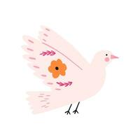 Taube mit Volk Blumen, Hand gezeichnet Karikatur eben Vektor Illustration isoliert auf Weiß Hintergrund. Konzepte von Liebe und Frieden. Vogel Tier Zeichnung mit Grunge Textur.