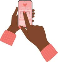 afrikanisch amerikanisch schwarz weiblich Hand hält Telefon mit ein Menstruation Kalender Tracker. Damen Gesundheit Pflege App vektor