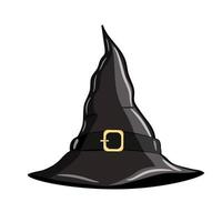 söt spetsig svart häxhatt med guldspänne isolerad på en vit bakgrund. tecknad vektor illustration för halloween.