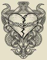 illustration hand ritade. bruten hjärta med gravyr prydnad ram vektor