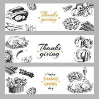 en uppsättning vektor handritade banners för tacksägelse. en illustration i en vintage skissstil. retro mat skiss illustration.