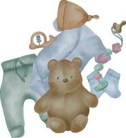 Aquarell Illustration mit Baby Kleider und Spielzeuge isoliert auf Weiß Hintergrund. Hand gezeichnet Junge Bodysuit im neutral Farbe. gemalt Teddy tragen, Sitzsack. Element zum dekorieren ein Zimmer neugeboren, Poster vektor