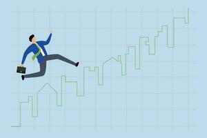 verklig egendom marknadsföra pris stigande upp Diagram, Lycklig löpning på stigande upp hus och byggnad grön Graf och Diagram för affärsman bostadsköpare eller verklig egendom ombud. vektor