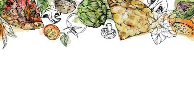 hand dragen vattenfärg bläck illustration. pizza skivor och pålägg Ingredienser, italiensk kök. sömlös gräns isolerat på vit. design för restaurang, meny, Kafé, mat affär eller paket, flygblad skriva ut. vektor