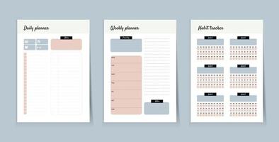 Planervorlage, Vektorelemente für Kalender und Organisatoren, Tagebuchseiten mit Gewohnheitstracker, Wochenplaner, Jahresziele, tägliche Aufgaben vektor