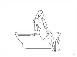 ein Frau Sitzung im ein Bad Wanne kontinuierlich Linie Zeichnung vektor
