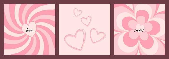 einstellen von süß romantisch Valentinstag Tag Karten, Postkarten mit Hand gezeichnet Muster, Herzen, Blumen und Text Grüße, Vektor dekorativ Illustrationen.