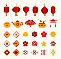 Chinesisch Neu Jahr und Laterne Festival Grafik Design einstellen von festlich Objekte und Symbole, orientalisch dekorativ Elemente. Vektor Illustration.