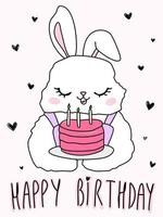 söt tecknad husdjurskanin. grattis på födelsedagen kanin text. djur doodle illustration med tårta för baby. vektor