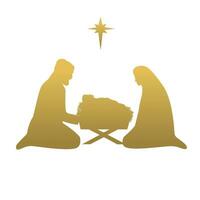 mor Mary, Joseph och bebis Jesus i krubba. gyllene silhuett. vektor illustration