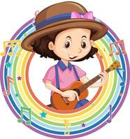 en tjej som spelar gitarr i regnbågens runda ram med melodisymboler vektor