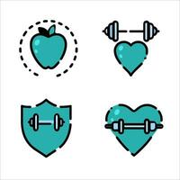 Fitness Symbol Satz. Herz, Hanteln, Apfel, Schild. Vektor Illustration.