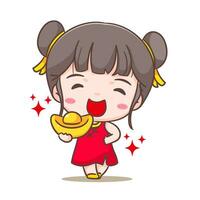 süß Mädchen halten Gold Barren feiern Chinesisch Neu Jahr Karikatur Vektor Illustration. Chinesisch Jahr Konzept Design. bezaubernd Chibi Hand gezeichnet. isoliert Weiß Hintergrund.