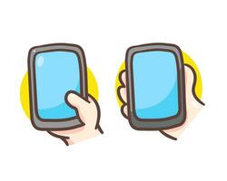 uppsättning av söt chibi hand innehav smartphone ikon tecknad serie vektor. teknologi begrepp design. hand dragen platt stil illustration. vektor