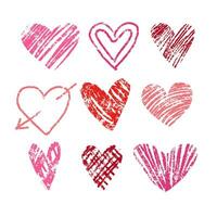 Herzen einstellen mit Wachsmalstift Schlaganfälle Schraffur. Hand gezeichnet texturiert Hand gezeichnet Vektor Abbildungen zum Valentinstag Tag.