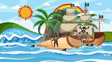 Strand mit Piratenschiff bei Tagesszene im Cartoon-Stil vektor