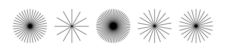 starburst rand runda uppsättning. stråle rader utgå från de Centrum av de cirkel. packa av geometrisk element. isolerat vektor illustration på vit bakgrund.