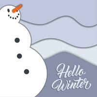 Hallo Winter mit Schneemann Papier Kunst Poster Vektor Illustration