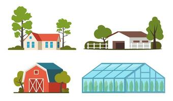 Bauernhof Gebäude Satz. Dorf Bauernhaus, rot Scheune, Gewächshaus, Pferd stabil. Landwirtschaft Konzept. Vektor Illustration.
