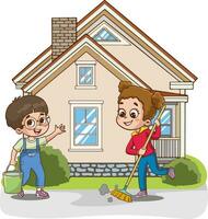 Vektor Illustration von Junge und Mädchen Reinigung das Vorderseite von ihr Haus.